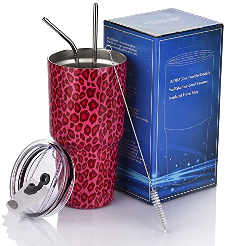 LUODA Thermobecher aus Edelstahl, doppelwandig, vakuumisoliert, mit Deckel und 2 Trinkhalmen, Reinigungsbürste und hübscher Box, Pink Leopardenmuster