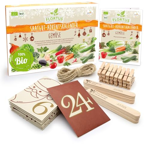 FLORTUS BIO Saatgut Adventskalender Gemüse 2024 | Weihnachtskalender mit 24 Samensorten, Holzstecketiketten, Pflanzanleitung, Kordel und Holzklammern | Nachhaltiges Geschenk für Frauen und Männer