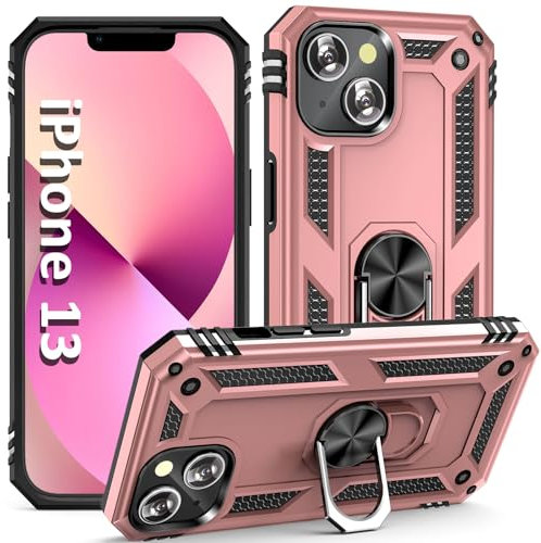 ADDIT iPhone 13 Case with Ring Holder Stand, Magnet Car Mount, Military Grade, Heavy Duty, Rose Gold