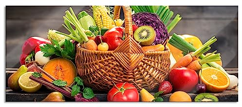 Pixxprint Glasbild Panorama, Wandbild aus Echtglas, Frisches Obst und Gemüse im Korb, 100x40 cm, inkl. Aufhängung und Abstandshalter