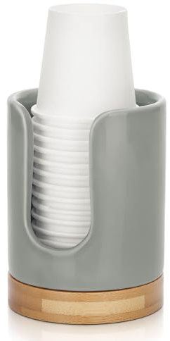 Soleebee Distributeur de gobelets jetables en céramique pour eau et rince-bouche, porte-gobelet en céramique avec base en bambou pour salle de bain, bureau (gris)