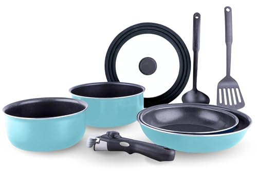 Batería de cocina de aluminio EasyClick de 8 piezas, mangos extraíbles y utensilios en color azul cielo