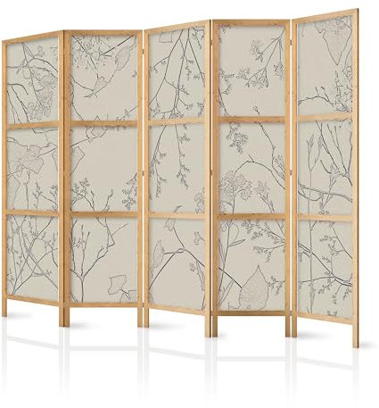 murando - Paravent Innen Raumteiler Holz Botanik Abstrakt 225x172 cm 5-teilig Japanische Trennwand Raumtrenner Room Divider Mobiler Sichtschutz Spanische Wand Raum Abtrennung Natur b-A-10441-bh-b