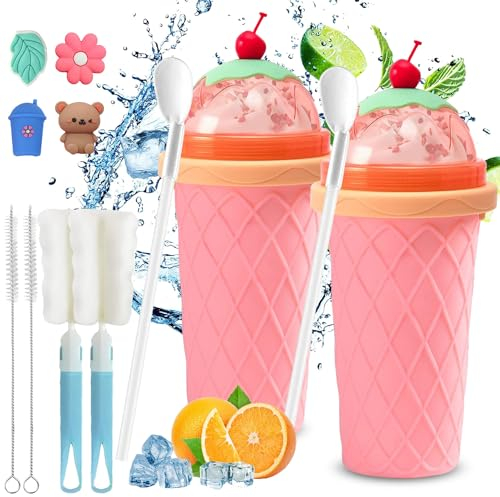 Lot de 2 gobelets à slush de 330 ml - En silicone - Pour slushy maker - Pour l'été, les smoothies - Avec cuillère à paille