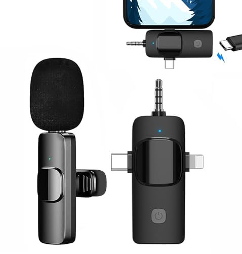 Microfono Wireless per iPhone/iOS/Androide/PC/Laptop, Plug & Play Professionale Microfono Bluetooth, Microfono Lavalier Wireless Riduzione del Rumore per Youtube, TikTok, Vlog Registrazione Video