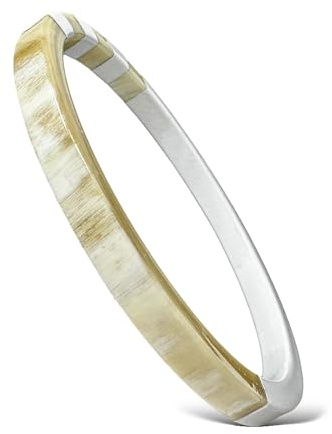 Yvelise Bracelet femme en corne de buffle - Jonc fait main au Vietnam - Authentique - Carré Blanc Moyen