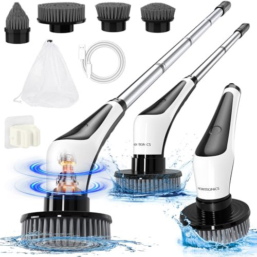 Homtronics Electric Spin Scrubber, [IPX8 Waterproof] Cordless Electric Cleaning Brush with 4 Replaceable Brush Heads, 120cm Adjustable Long Handle Power Scrubber for Bathroom, Tub, Floor, Pool