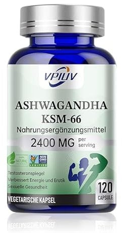 Ashwagandha KSM-66, Hohe Dosierung 2400 mg Tagesdosis 120 Kapseln, Indischer Ginseng original indische laborgeprüft mit indischer Schlaf-Beere, Vegan, natürlich