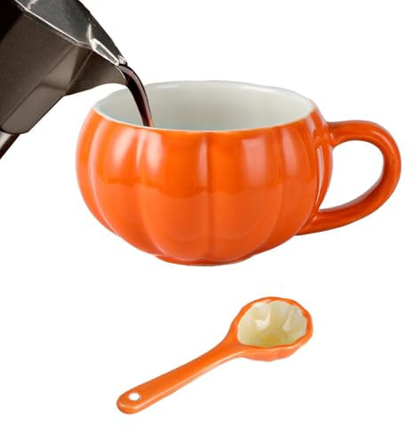 Ahuuen Taza De Café De Cerámica De Calabaza | Tazas De Calabaza De Halloween | Tazas De Cerámica De Calabaza | Taza Creativa Y Linda De Calabaza | Taza De Sopa De Leche Con Tapa Y Cuchara