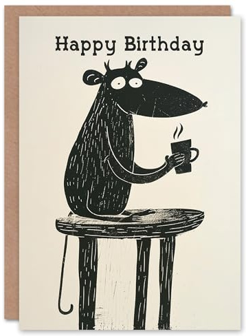 Artery8 Coffee Lover Cartoon Rat Mouse Black Blank For Him Or Her Art Birthday Card