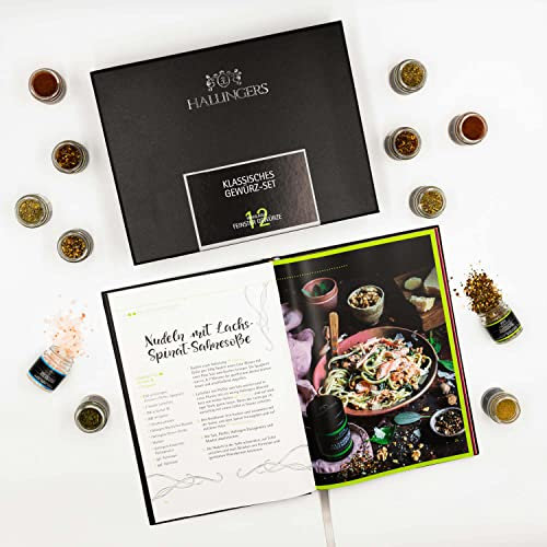 Hallingers 12er Gewürz-Set & Kochbuch - Gewürz Geschenkset handmade, Bundle 12 Gewürze & Kochbuch (Set) - Geschenk im Sommer & als perfektes Grillgeschenk | Neues Zuhause Glückwünsche Freundschaft Gen