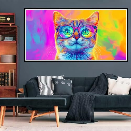 5D Farbkatze Diamond Painting, Diamant Painting Bilder Gläser Diamond Painting Erwachsene Groß XXL, Runder Vollbohrer Diamanten Malerei Kreuzstich Bastelset für Wanddeko Schlafzimmer, 100x200cm Z-7159
