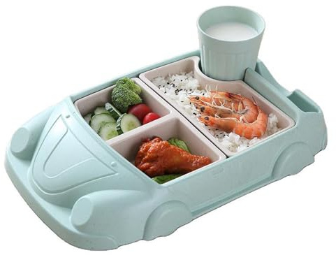 Kinder-Esszimmer-Set in Auto-Form, Auto-Serviertablett mit separaten Tellern, Besteck und Wasserbecher für Jungen und Mädchen, Teller-Sets aus Faser-Kunststoff für Küche und Esstisch (Hellgrün)