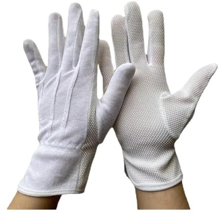 WMAMBZNDHP 4 Paar weiße Baumwollhandschuhe mit rutschfesten Noppen und elastischem Bündchen – geeignet for Damen Herren, Kellner, Fahrer, Paraden, Servieren formelle Anlässe(White Dots 2Pairs)