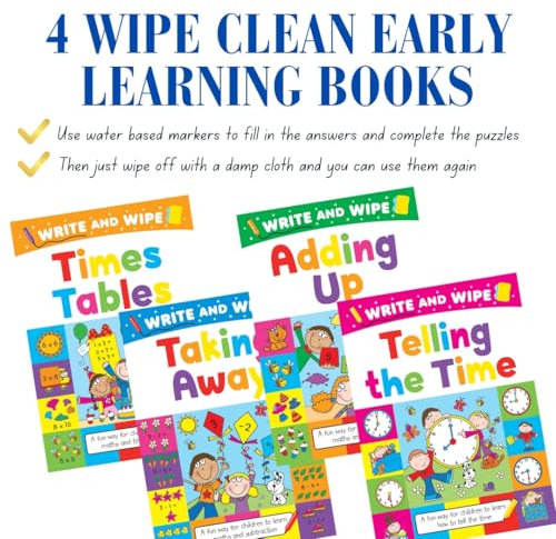 4 Wipe Clean Early Learning Books: Times Tables, Adding Up, Taking Away, Telling the Time