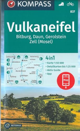 KOMPASS Wanderkarte Vulkaneifel, Bitburg, Daun, Gerolstein, Zell (Mosel): 4in1 Wanderkarte 1:50000 mit Aktiv Guide und Detailkarten inklusive Karte ... (KOMPASS-Wanderkarten, Band 837)