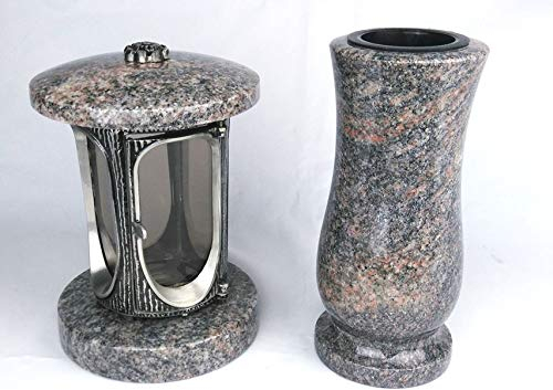 designgrab Alu Grablampe aus Aluminium in Antikoptik und Grabvase in Granit Himalaya