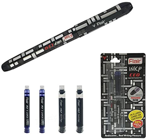 Flair Inky CEO BLACK BLUE Fountain Pen Set Steel Nib Iridium Tip Cartridges (BLACK Body Shade)