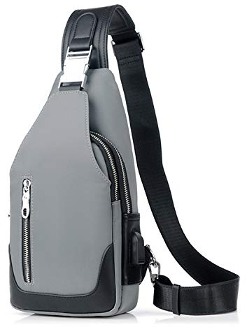 FANDARE Neu Brusttasche Herren Schultertasche Sling Bag Rucksack mit USB Umhängetasche Sporttasche für Wandern,Abenteuer,Sport, Reisen und Joggen Grau b
