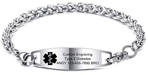 MOWOM Medical Alerta Pulsera Grabado Personalizado, 165-220 MM, Alergia Vida Identificación Nombre ID Para Hombres Mujer Acero Inoxidable - (Paquete con Emergencia Tarjeta, Poseedor)