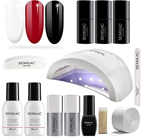 Semilac Love Me Gel Nail Starter Set Kit with UV 24/48W Nail Lamp, 3 Soak Off Gel Polish Colours, (Red, White & Black), Manicure Tools, Top No Wipe & Extend Base Coat, Top Mat, Remover, Cleaner
