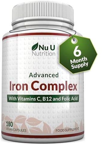 Gentle Iron Supplement for Women & Men - 180 High Strength Vegan Capsules - with Vitamin C, B12 & Folic Acid - 6 Month Supply - from Ferrous Fumarate - Made in The UK - Nu U Nutrition