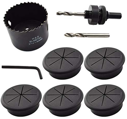OZXNO 2-3/8 Inch Desk Grommet and Hole Saw Kit, 5-Pack 60mm Flexible Desk Wire Cord Hole Cover with Matching Holesaw Drill Bits for Cable Organizer Wiring Management and Protection