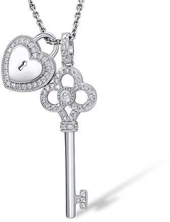 namana Collier Pendentif Femme en Coeur avec Clé. Collier Femme en Argent Sterling 925 avec un Cadenas en Coeur et une Clé sertie de Zircons. Collier Argent 925 pour Femme avec Écrin Cadeau.