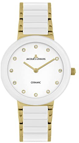 JACQUES LEMANS Damenuhr Monaco Massiv Edelstahl/High-Tech-Ceramic massiv Edelstahl ip-Gold Swarovskisteine 42-7L