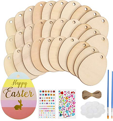 LOPOTIN 56TLG Holz Ostereier zum Bemalen Set Ostern Eier Holzscheiben mit Loch zum Aufhängen Easter Eggs 50 Oval Scheiben mit Hanfseil Strass Selbstklebend Basteleier für Draussen Innen Frühlingsdeko