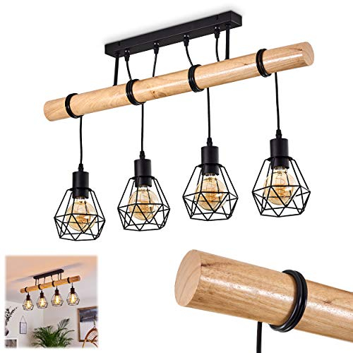 Deckenleuchte Yaak, Vintage Deckenlampe aus Metall in schwarz und Holz, Höhe max. 90 cm (verstellbar), 4 x E27, Leuchtenköpfe sind individuell einstellbar,ohne Leuchtmittel