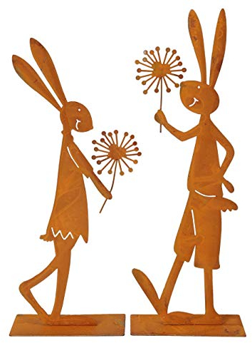 ETC dekorative witzige Deko-Figur Silhouette Hasen mit Pusteblümchen Metall edelrost Preis für 2 Stück