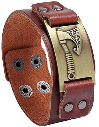 Wikinger Axt Lederarmband Für Herren -Nordisches Keltisches Knoten Verstellbares Armband - Handgefertigtes Breites Lederarmband Heidnischer Talisman Vintage Schmuck(Bronze)