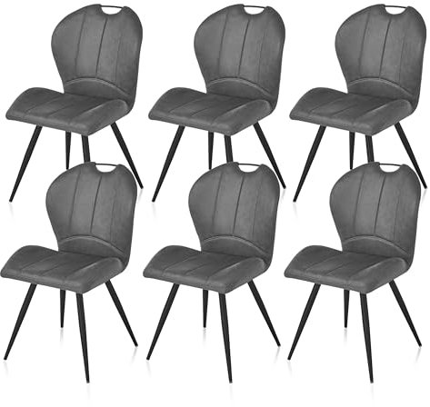 KHG 6er Set Esszimmerstühle Küchenstuhl Dunkelgrau, Mikrofaser in Wildlederoptik, Polsterstuhl mit Griff, Wohnzimmerstuhl, Design Stuhl Gestell aus Metall