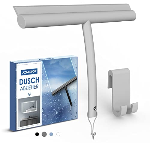 ACMETOP Duschabzieher Grau, Abzieher Dusche mit Halter ohne Bohren, Duschabzieher Silikon 23,5 cm, Fensterabzieher für Dusche, Badezimmer, Spiegel, Glas-Reinigung, Streifenfreie
