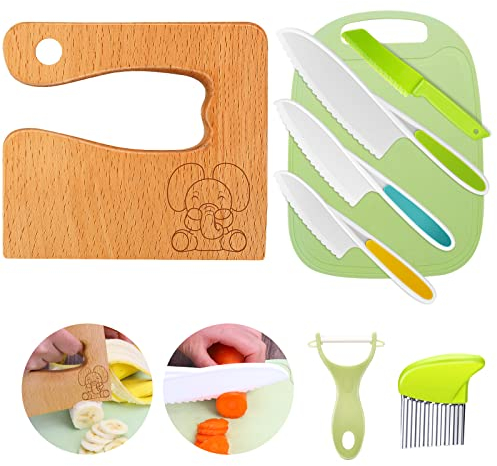 Goodchef Lot de 8 couteaux de cuisine, pour couper et cuisiner des fruits ou des légumes, sécurité, en bois, planche à découper, éplucheur, couteau, pour enfants à partir de 2 ans (éléphant)