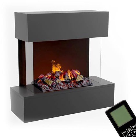GLOW FIRE Wasserdampf Kamin HÖLDERLIN (Wandkamin) - Elektrokamin für die Wand mit realistischen LED 3D-Flammen, Knistereffekt & Fernbedienung, 80x78x37 cm, Opti-Myst 500 mit Holz-Deko, Grau