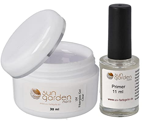 Sun Garden Nails UV Fiberglas Gel Klar 30ml inkl. Primer Haftvermittler 11ml UV Gel Set für Gel Nägel Nail Set Gelnägel - Nageldesign - Pediküre - Maniküre