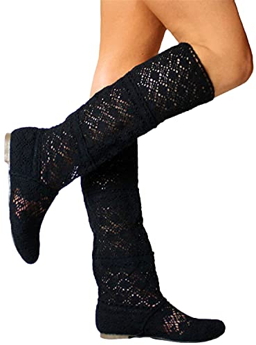 ORANDESIGNE Donna Ricamo Stivali Estive Traspirante Stivali Elegante Sandali Tinta Unita Stivali Piatti Testa Rotonda Stivali Alti Stivali da Cavaliere A Nero 38 EU