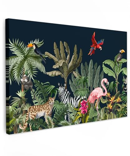 MuchoWow© Impression sur Toile Peinture 120x80 cm Tableau Mural Decoration Salon Reproductions de Tableaux Murale Moderne Chambre enfant - Jungle - Plantes - Animaux - Flamant - Zèbre