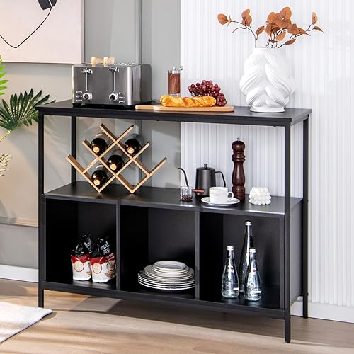 TANGZON Storage Cabinet, Wooden Sideboard with Large Open Shelf, 3 Compartments & Adjustable Foot Pads, Metal Frame Console Buffet Cupboard for Kitchen Dining Living Room, 110x42x88cm (Black)