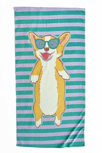 Lil'KenKen gestreiftes Corgi-Welpen-Strandtuch, 160 cm L x 80 cm B, bedruckt in voller Farbe, aus superweicher 100 % Velour-Baumwolle, maschinenwaschbar (Aqua Stripe)