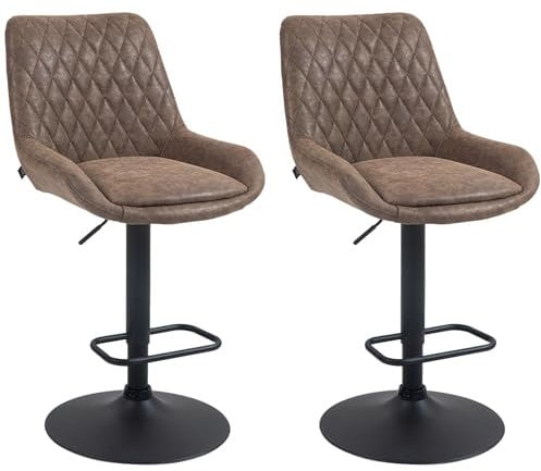 HOMCOM Breakfast Bar Stools Set of 2 with 51x40cm Wide Seat, Height Adjustable Kitchen Counter Chairs, Retro Swivel Upholstered Barstools with Back, Footrest and Steel Base, Coffee