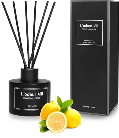 L'odeur Vill Room Fragrance Reed Diffuser with 8 Fragrance Sticks 100 ml – Lemon, Natural, Long-Lasting, Home Fragrance Essential Oil Reed Diffuser for Bathroom Shelf Decoration.