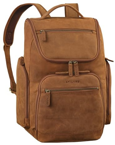 STILORD 'Reggie' XL Mochila Hombres Portatil 15-17 Pulgadas Cuero Hombre Macuto Transpirable Grande Bolso Bandolera Piel Vintage para Maleta y Viaje, Color:tan marrón - oscuro