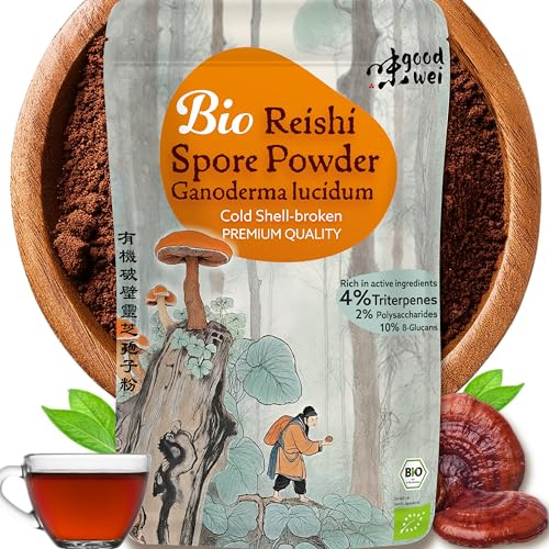 Reishi Pilz Sporenpulver BIO - Ganoderma Lucidum Vitalpilz Reines Pulver ohne Zusätze, Zellwandgebrochen, 100g
