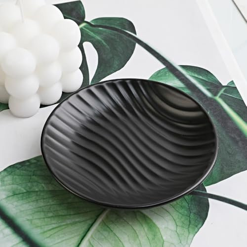 Chic Round Soap Dish, Modern Minimalist Striped Design Ceramic Tray(Black)