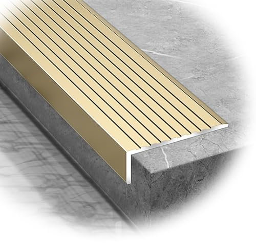 REDEXI L-förmige Stufenkantenprofil Anti-Rutsch Treppenkantenprofil Aluminium Treppenwinkel Innen/Außen Treppenkante 60-150 cm Länge, Breite 4cm(Gold,L 130CM/51in)