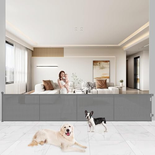 Barrière Sécurité pour Enfant Chien, 1.5M 3M 5M Barriere de Securite Retractable, avec Renforcement en Fibre de Verre, Large Barriere de Securite pour Escaliers Intérieurs et Extérieurs (Gris, 5M)