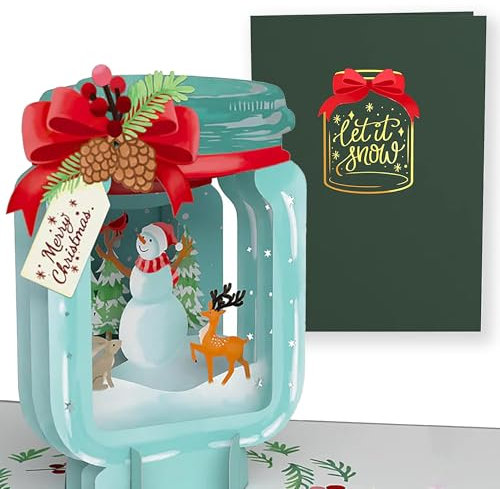 Lovepop® 3D Pop-Up Karte Weihnachten Glas mit Schneemann Weihnachtskarte für Kinder, Familie, Verwandte | mit Versteckfach für Geldgeschenke & Gutscheine | inkl. Umschlag | Ausziehbare Notiz